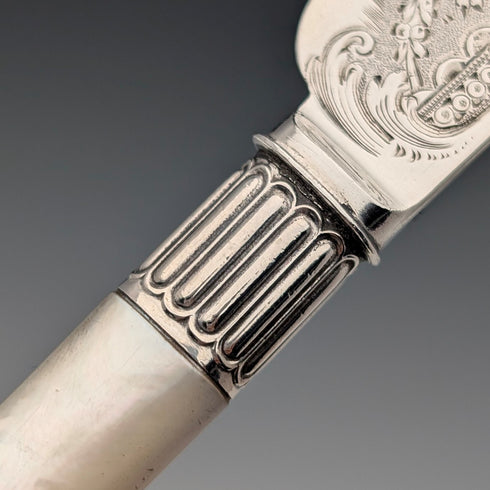 1876 British antique sterling silver blade and white mother of pearl handle cutlery set of 6 in wooden box by James Dixon & Sons